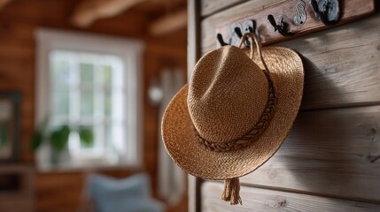 Straw hat on wooden wall