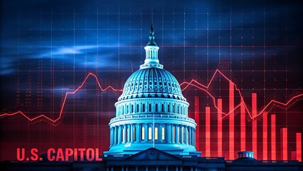 Us capitol building illuminated against a dramatic backdrop of red financial charts and blue gridlines symbolizing economic fluctuations