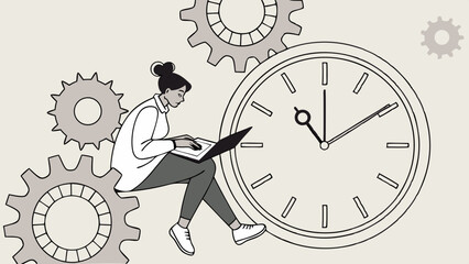 Vector Focused woman working on laptop beside large clock and gears, symbolizing time management, productivity, and efficient work processes