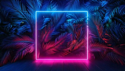 night theme tropical leaves with rectangle neon frame with copy space, plant, plants