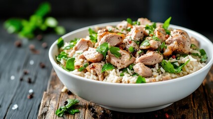 Delicious Bowl of Rice with Savory Meat and Fresh Colorful Vegetables