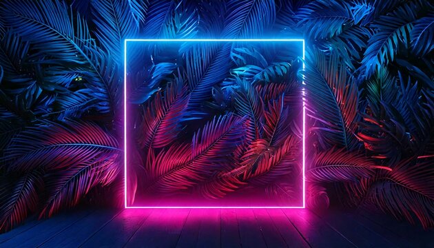 night theme tropical leaves with rectangle neon frame with copy space, plant, plants - Powered by Adobe