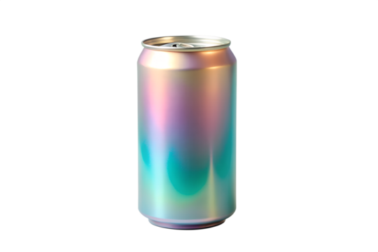 An iridescent aluminum can stands tall isolated on transparent background, ready to be filled