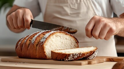 Person Slicing Freshly Baked Loaf of Bread on Wooden Cutting Board