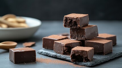 Deliciously Rich Stacked Chocolate Fudges on Textured Slate Background