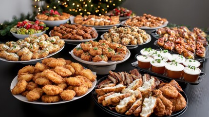 Festive Table with Delicious Food Surrounded by a Beautiful Christmas Tree
