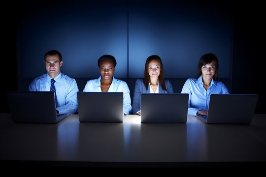 Businesspeople working late at night with laptops.