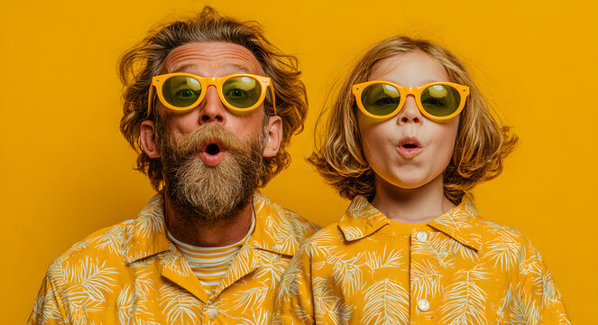Father and daughter wearing matching silly sunglasses and tropical shirt against yellow background. Father's day playful fashion moment sharing laughter and creative accessories