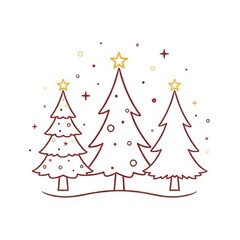 Three stylized Christmas trees, against a white background, creating a whimsical, hand-drawn aesthetic. Christmas card or a simple graphic design element. Flat design, cartoonish, line art, outline