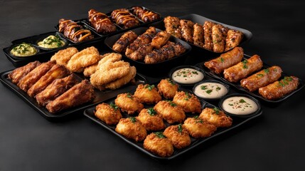 Delicious Array of Appetizers and Dipping Sauces on Rustic Wooden Table