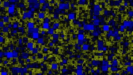 Abstract geometric pattern of blue and yellow squares with a digital glitch effect