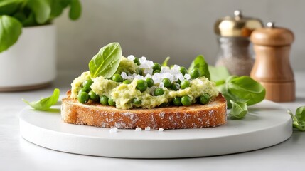 Delicious Sandwich with Avocado and Peas on a Plate in Natural Light