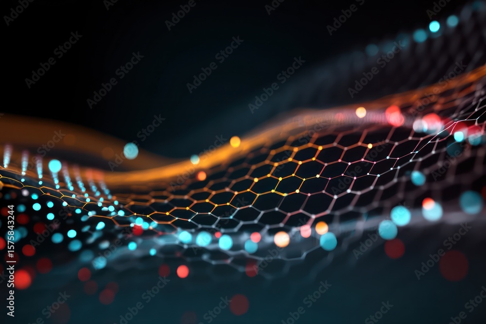 Poster A digital network with hexagonal nodes connected by lines and glowing orbs on a dark background