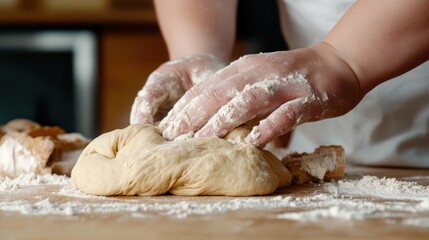 Person Kneading Fresh Dough on Wooden Table in Cozy Kitchen Setting