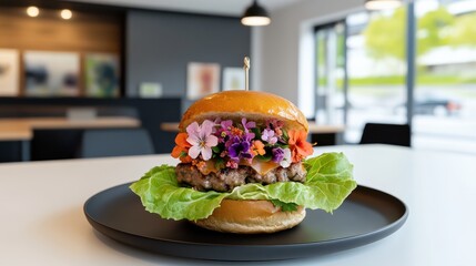 Delicious Hamburger with Fresh Lettuce and Tomato on a White Plate