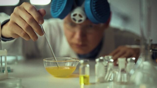 A scientist in a lab coat carefully adds a liquid from a pipette into a bowl containing a yellow chemical solution. Glass vials can be seen on the table, indicating ongoing research
