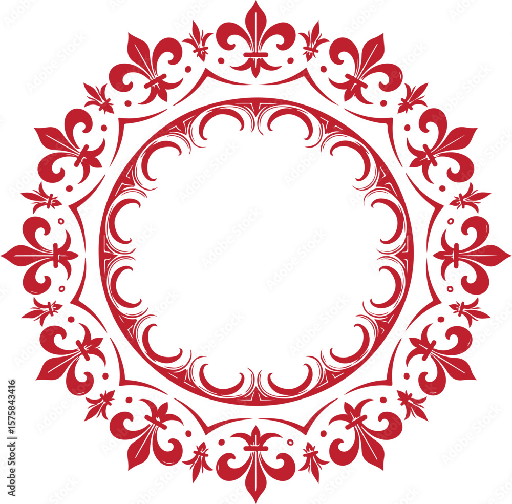 Poster vector art of ornate red circular frame with fleurdelis motifs isolated on transparent background