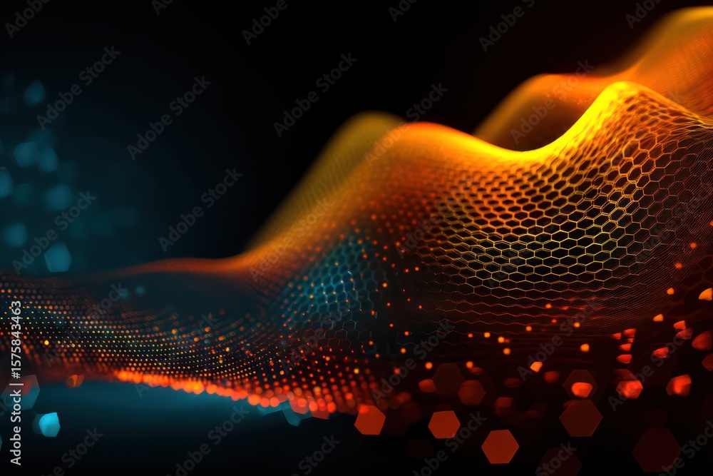Poster abstract orange and blue hexagonal pattern with blurred background creating a futuristic design look