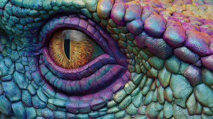 Naklejka premium Close up Detailed Image of a Reptilian Eye and Scaly Skin Texture Featuring Vivid Rainbow Hues