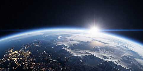 Sunrise over Earth: Witness the awe-inspiring spectacle of sunrise over Earth, a breathtaking celestial ballet of light and shadow illuminating the planet.