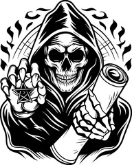 SVG of an aggressive skull and skeleton design, perfect for bold tattoos. Dark Grim Reaper Figure with Scroll and Symbolic Gesture