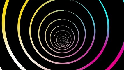 Abstract gradient rainbow colored concentric circles on a black background creating a tunnel effect
