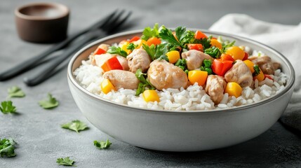Delicious Bowl of Rice Topped with Chicken and Colorful Vegetables