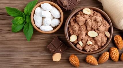 Delicious Bowl of Chocolate and Almonds Surrounded by Raw Almonds Fresh