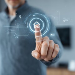 A man interacting with a digital interface featuring a house icon and various smart home controls shown