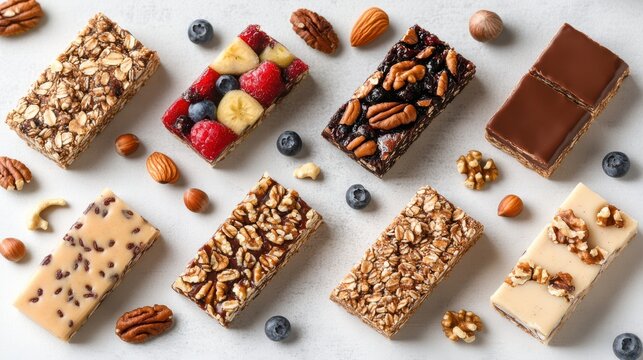Colorful Array of Various Snack Bars Displayed on a Clean White Surface