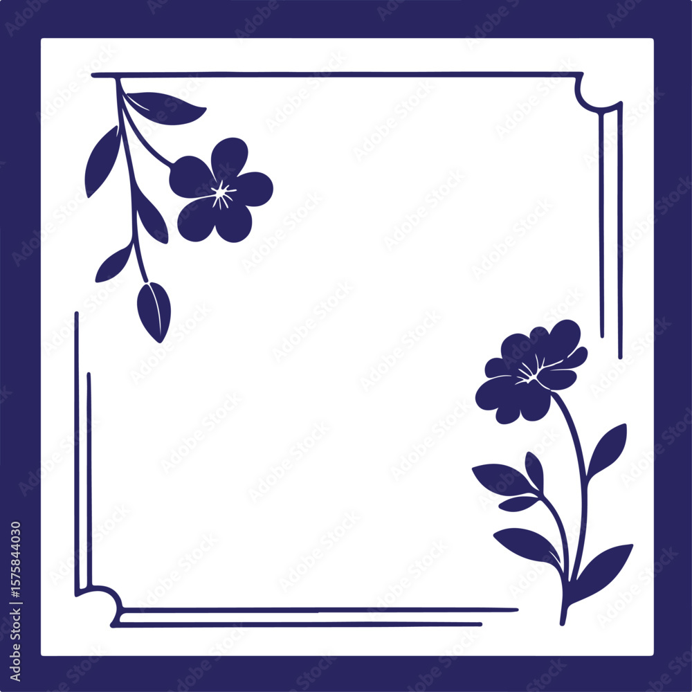 Poster vector art of simple blue floral square frame with minimalist design isolated on transparent backgro