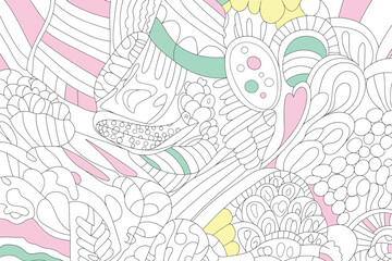 Fototapeta premium Doodles of whimsical fantasy elements create a light and colorful playful pattern with pastel shades on a white canvas.