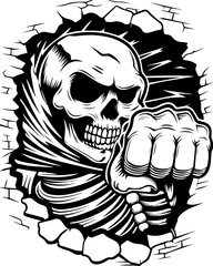 SVG of an aggressive skull and skeleton design, perfect for bold tattoos. Dramatic Black and White Skull Punching Through Wall Art Design