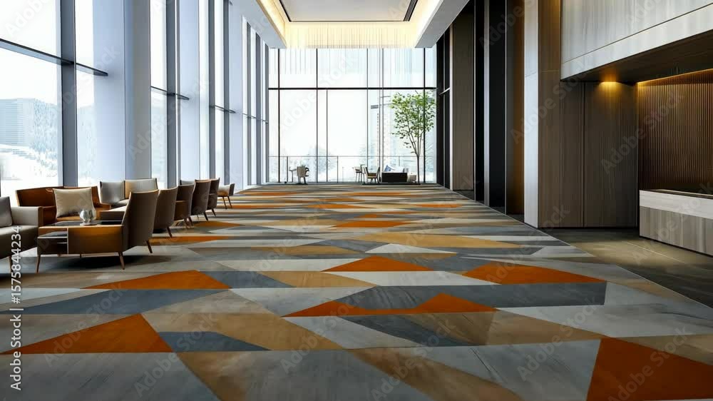 Poster enjoy the stylish design showcasing geometric patterns and warm hues in a sophisticated lobby space 