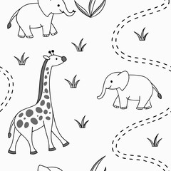 Dot-to-Dot Safari Animals Educational Seamless Pattern: Fun and educational seamless pattern with outlined safari animals and dot-to-dot paths, ideal for kids’ products, learning materials, & playfu