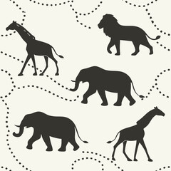 Safari Animal Silhouettes Dot-to-Dot:Seamless pattern of black safari animal silhouettes with dotted trails, perfect for educational materials, kids’ textiles, and creative backgrounds. 