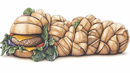 Intricate bread sculpture with a gourmet burger nestled within.