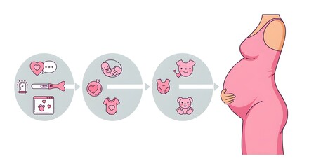 Cute Pink Illustrated Stages of Pregnancy Timeline on White Background