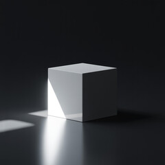 Gleaming White Cube on Reflective Surface with Dramatic Light