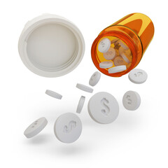 Pills with the dollar sign falling out of a bottle isolated on white background. 3d illustration.