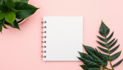Blank notebook with plants on pink background