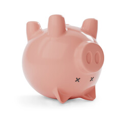 Upside down dead piggy bank isolated on white background. Bankruptcy concept. 3d illustration.