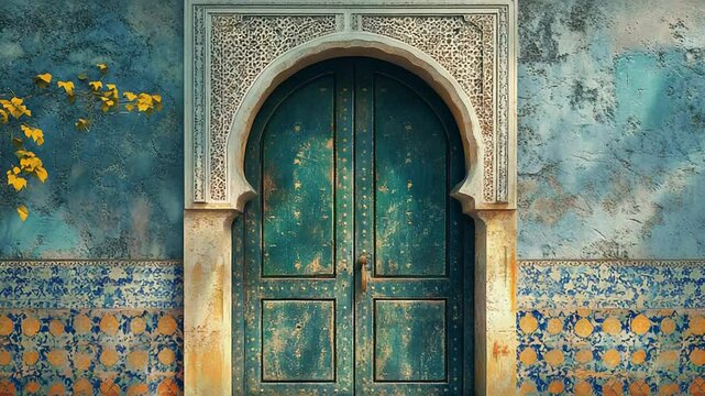 Ancient turquoise door opening into moorish palace with geometric tiles