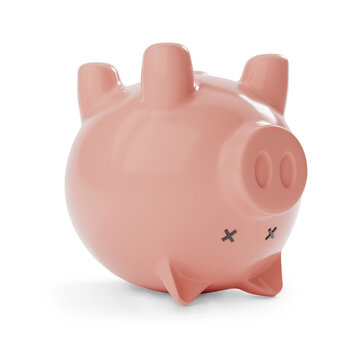 Upside down dead piggy bank isolated on white background. Bankruptcy concept. 3d illustration.