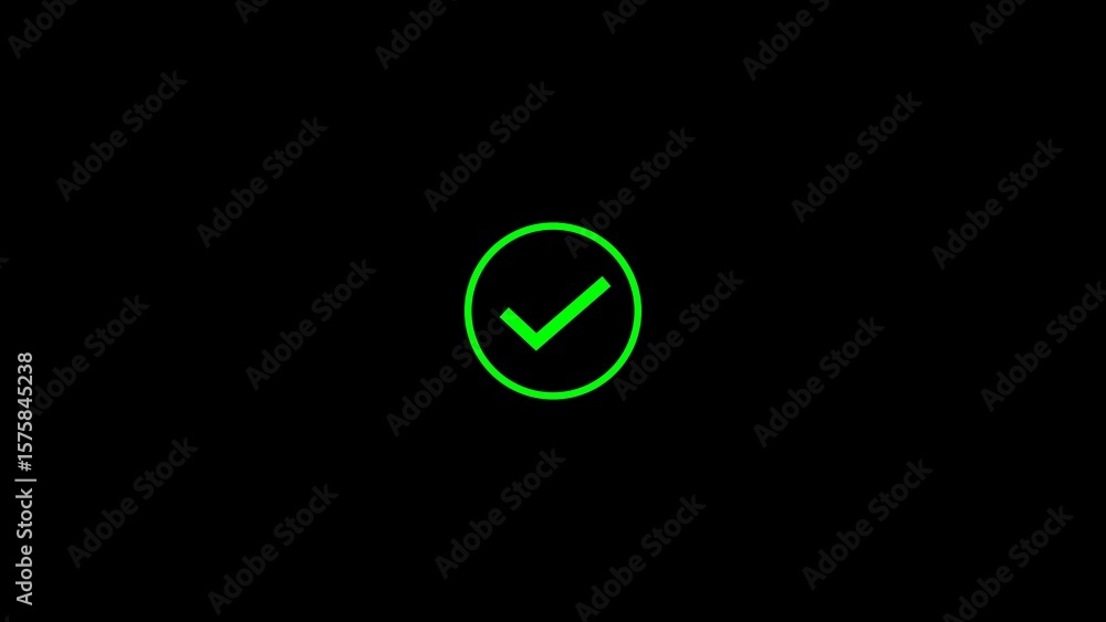 Poster green check mark icon symbol within a circle illuminated against a black backdrop representing appro