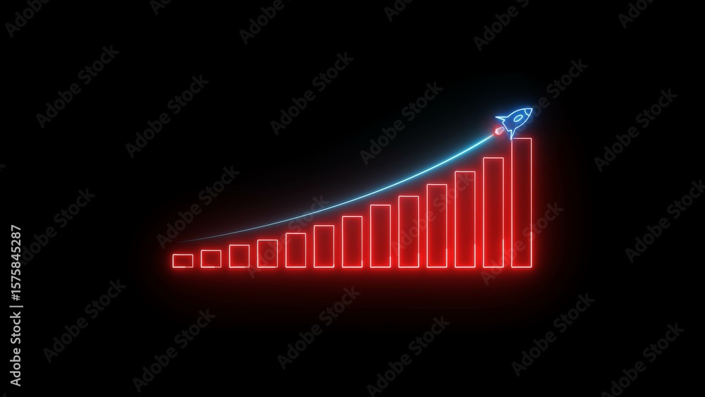 Poster neon glowing graph with rocket ship symbolizing growth and success on a black background visualizing