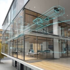 Modern office building exterior with visible hvac system design and glass facade on a bright day