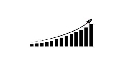 Upward trending business growth illustrated with a rocket launch and increasing bar graph depicting financial success and market expansion on a white background.