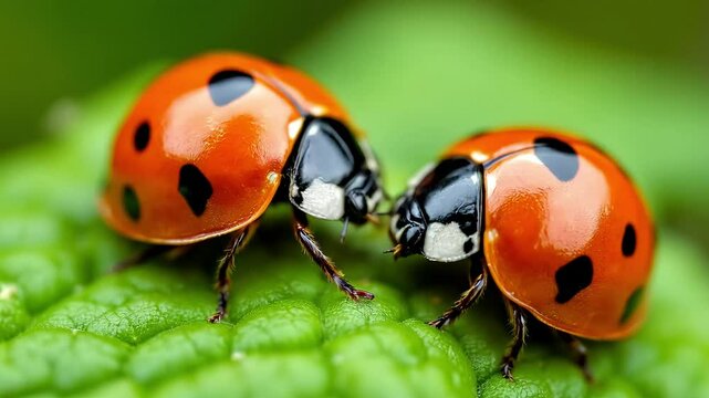 Red-spotted ladybug on a vibrant green leaf, a close-up of this small insect in nature High quality natural video footage 4k cenamatic video short
