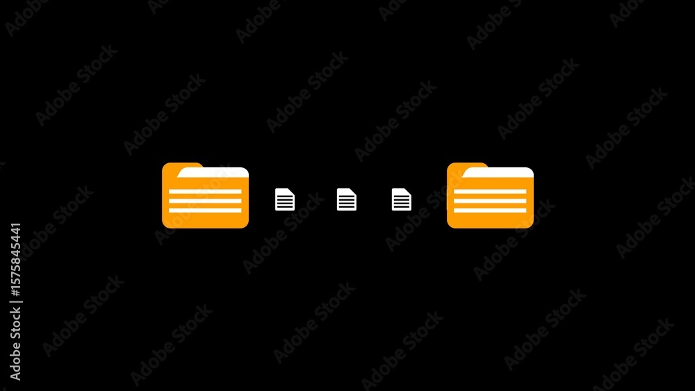 Poster conceptual illustration of data transfer and file management featuring folders and documents with a 